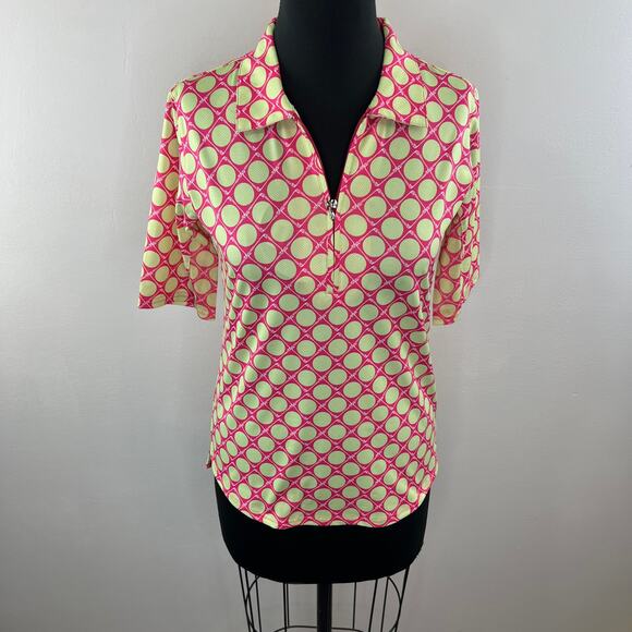 NWT SANSOLEIL Seeing Spots Pink Lime SolCool Short Sleeve Polo Golf Top Size S - Picture 2 of 10